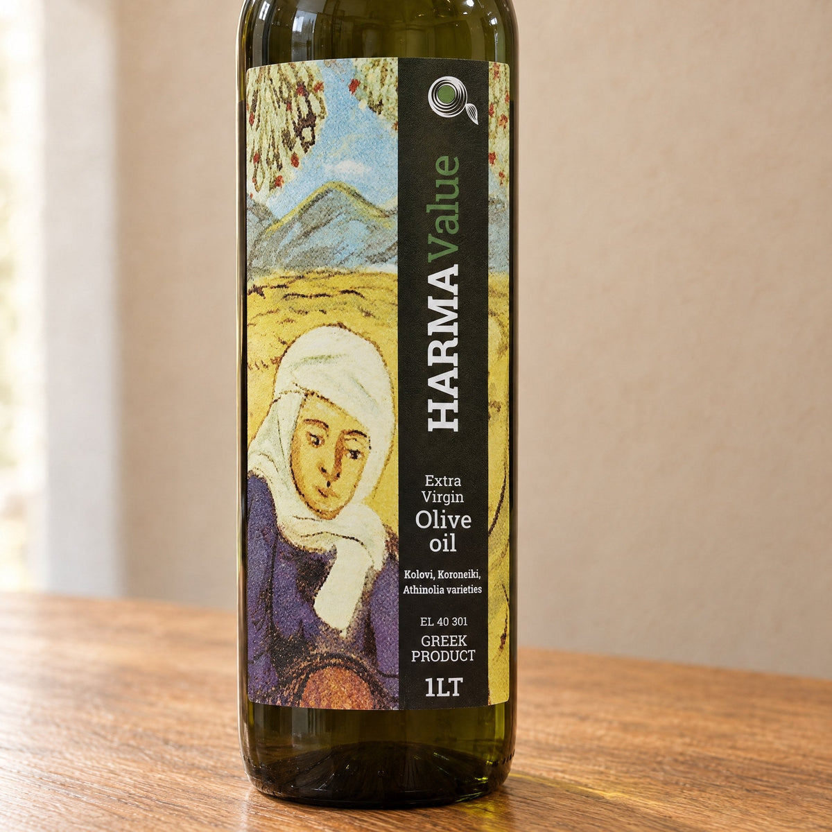 Front label of the Harma Value 1L bottle: a painting by Theofilos and Kolovi, Koroneiki and Athinolia varieties