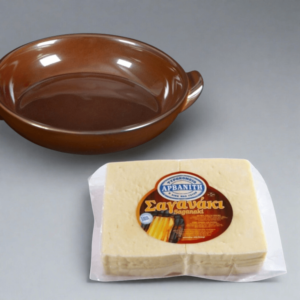 Saganaki Cheese 600g + Traditional Porcelain Pot 16cm for cooking - Greek Flavours