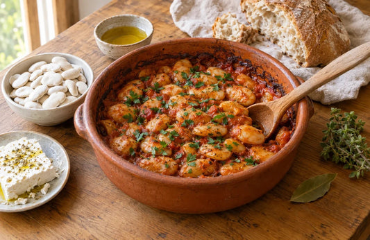 Greek giant beans baked in tomato sauce in a terracotta dish, with dried gigantes beans, feta and bread on an oak table