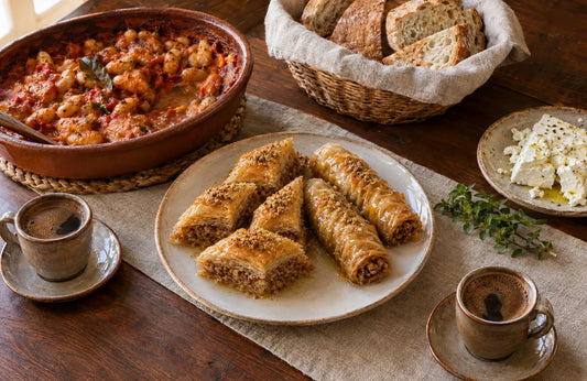 Baklava and saragli with Greek coffee on a family table, with baked giant beans, bread and feta