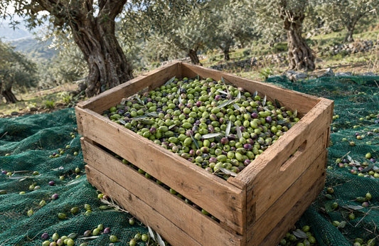 Freshly picked green and violet olives in a wooden crate on a harvest net in a Greek olive grove in autumn