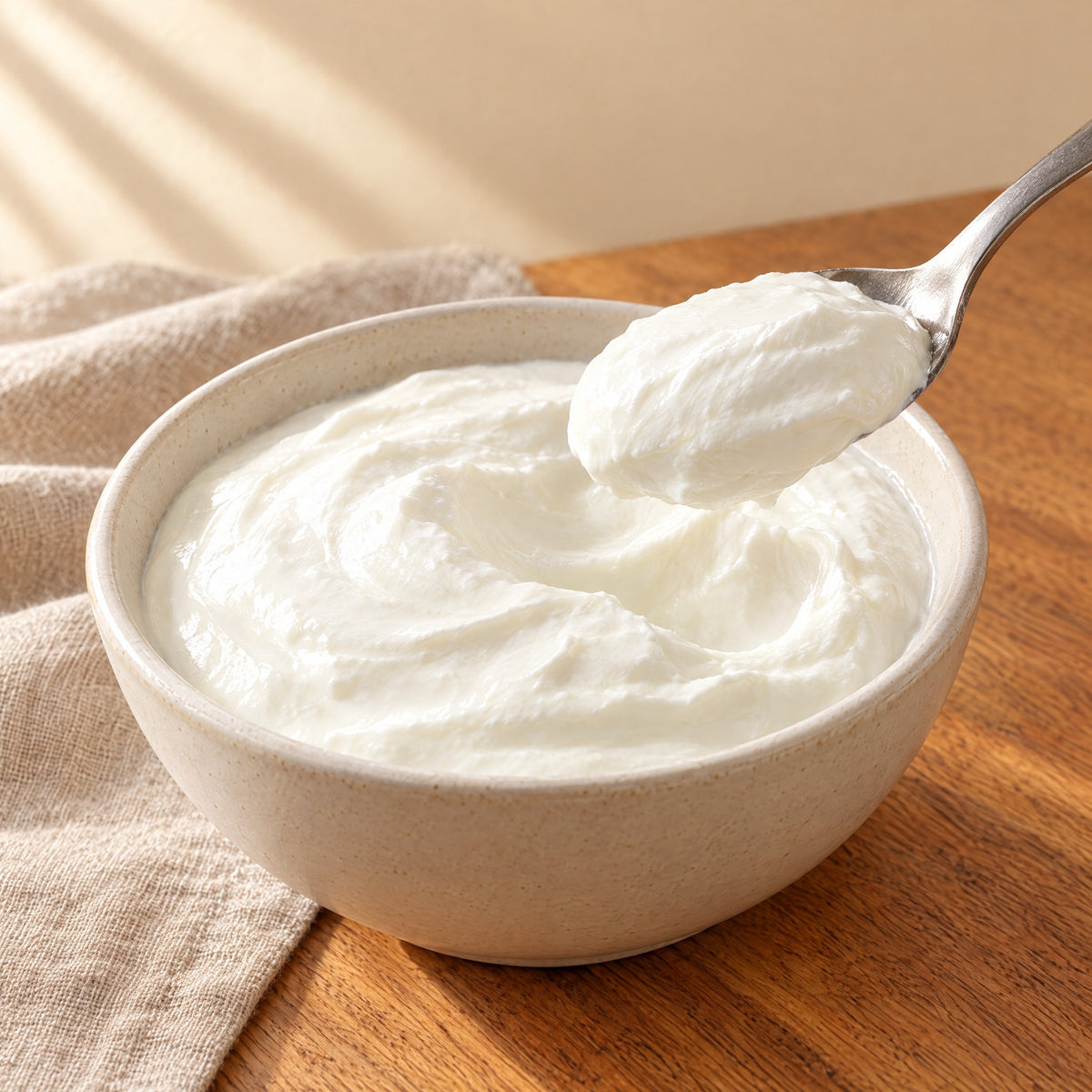 Ein Löffel dicker weißer Schafsjoghurt über einer Keramikschale