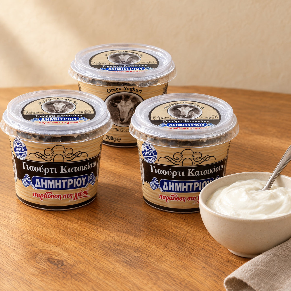 Drei Becher Dimitriou Ziegenjoghurt, einer mit der Ziege auf dem Etikett, neben einer Schale weißem Joghurt