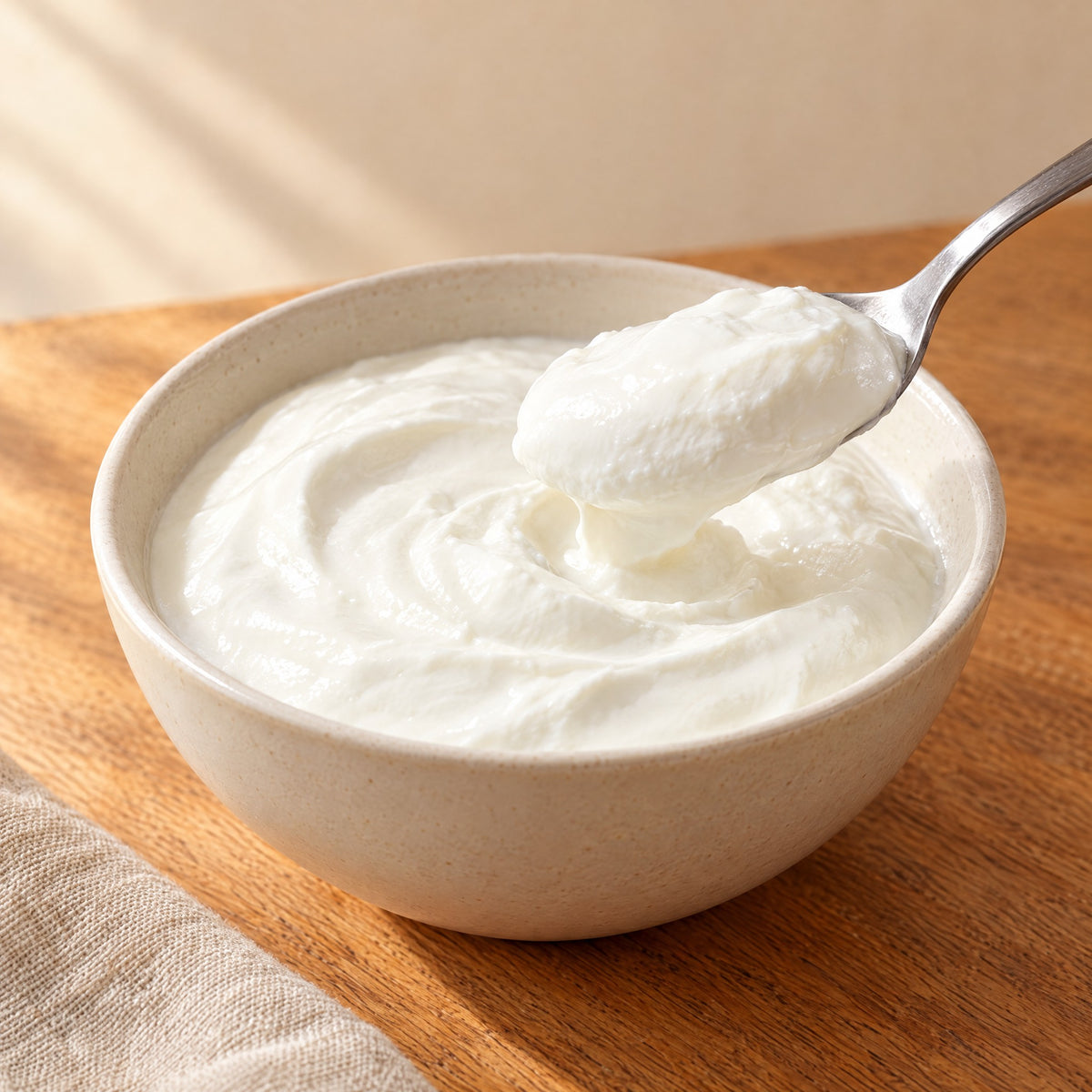 Ein Löffel weißer Ziegenjoghurt über einer Keramikschale