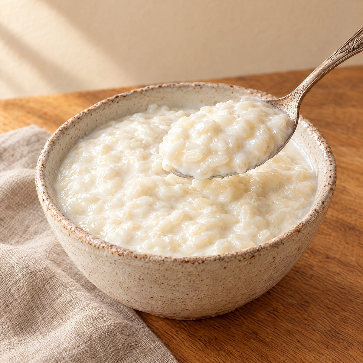 Ein Löffel cremiger griechischer Rizogalo, Milchreis mit weichen Reiskörnern