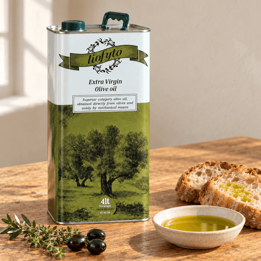 Liofyto extra virgin olive oil 4L tin on a kitchen table with bread, black olives and a bowl of olive oil