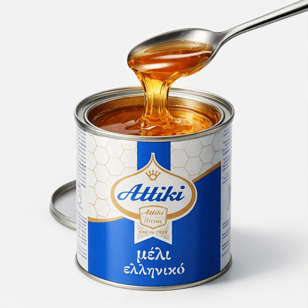 Attiki Greek Honey – the classic since 1928 for yogurt, desserts & breakfast | 1 kg Tin - Greek Flavours