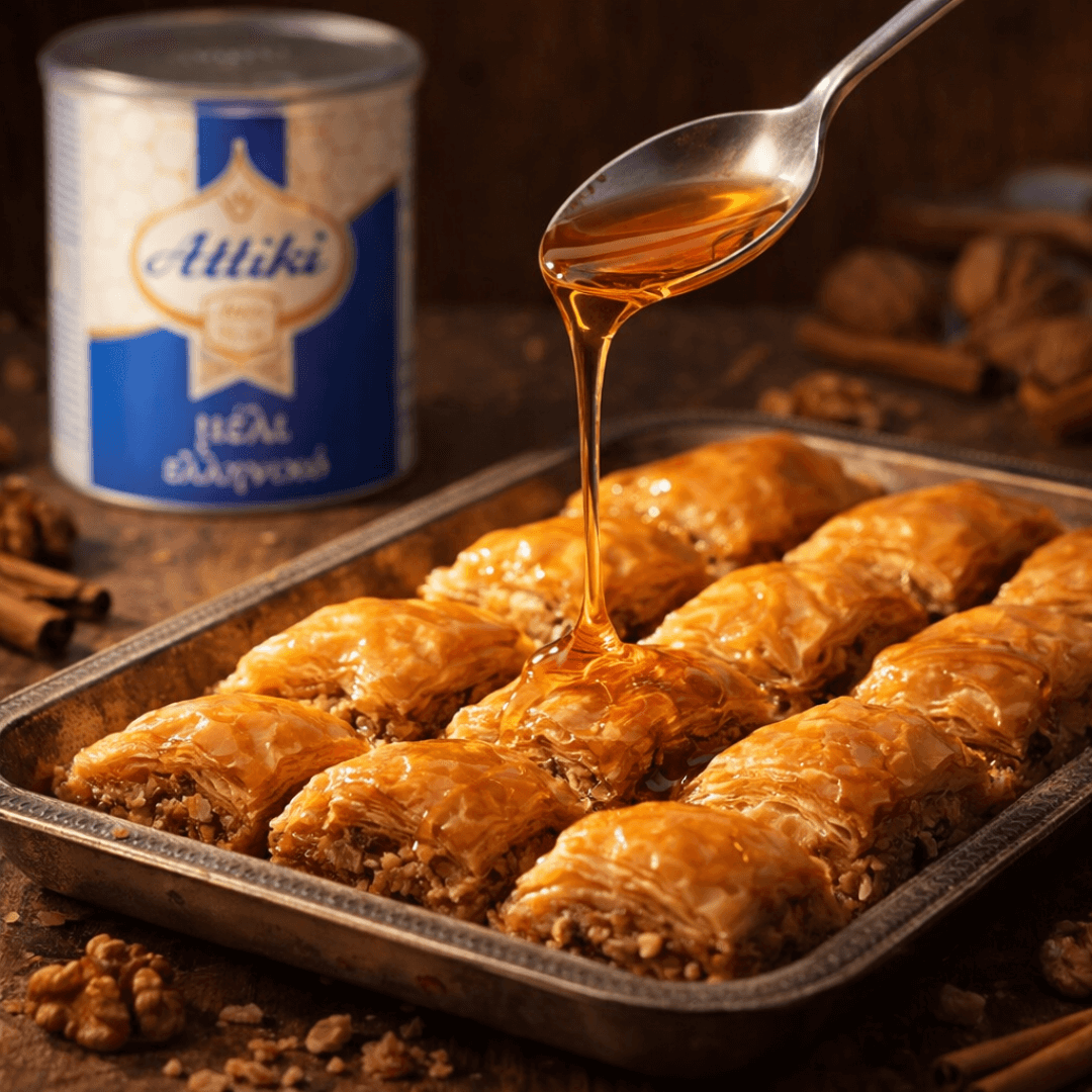 Attiki Greek Honey – the classic since 1928 for yogurt, desserts & breakfast | 1 kg Tin - Greek Flavours