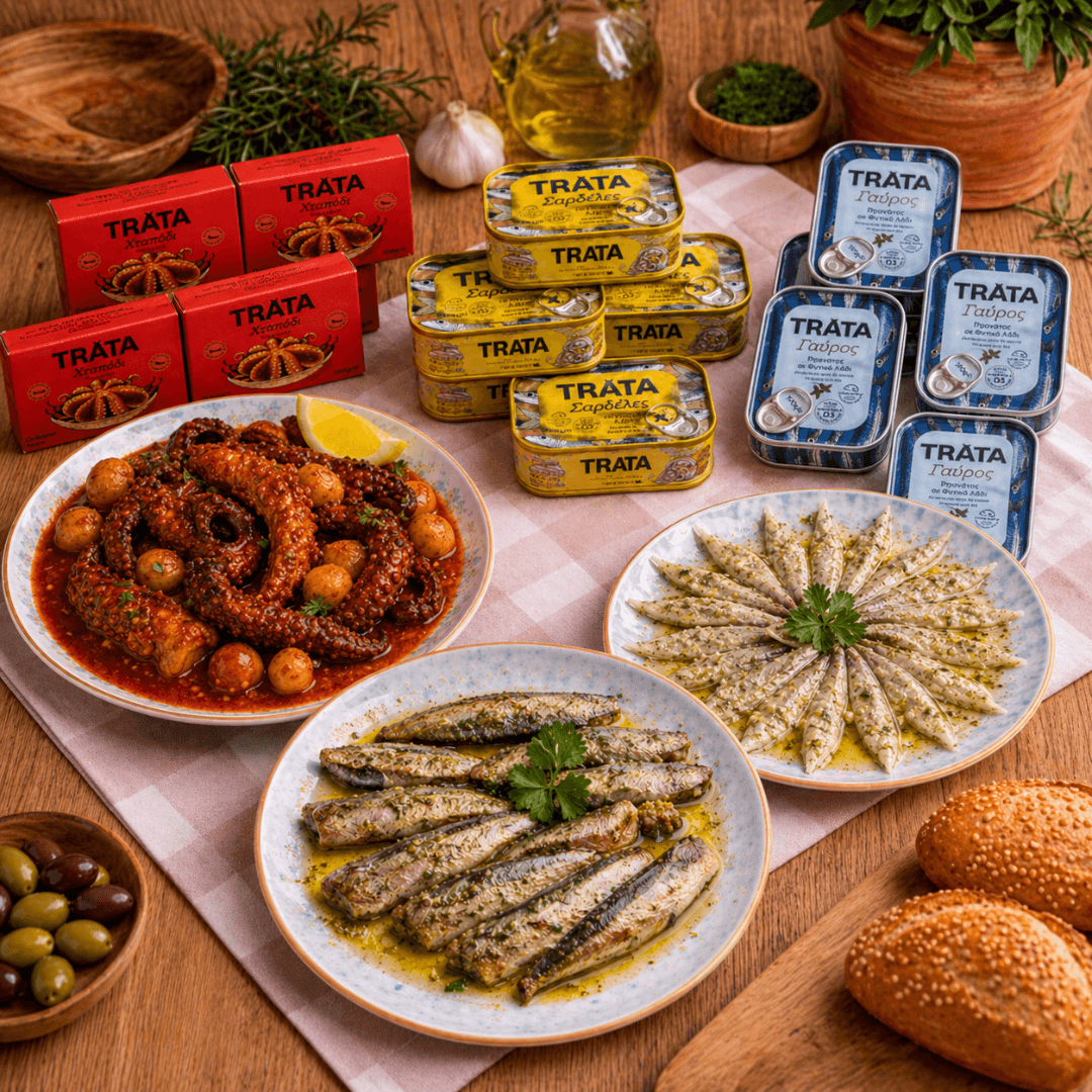 Greek Seafood Meze Selection by Trata – 1.5kg Bulk Bundle (15 Tins) - Greek Flavours