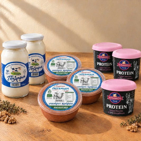 Greek Yogurt Trio: two jars of strained cow's yogurt, three clay pots of sheep yogurt and three Tsantilas pots with 20% donkey milk