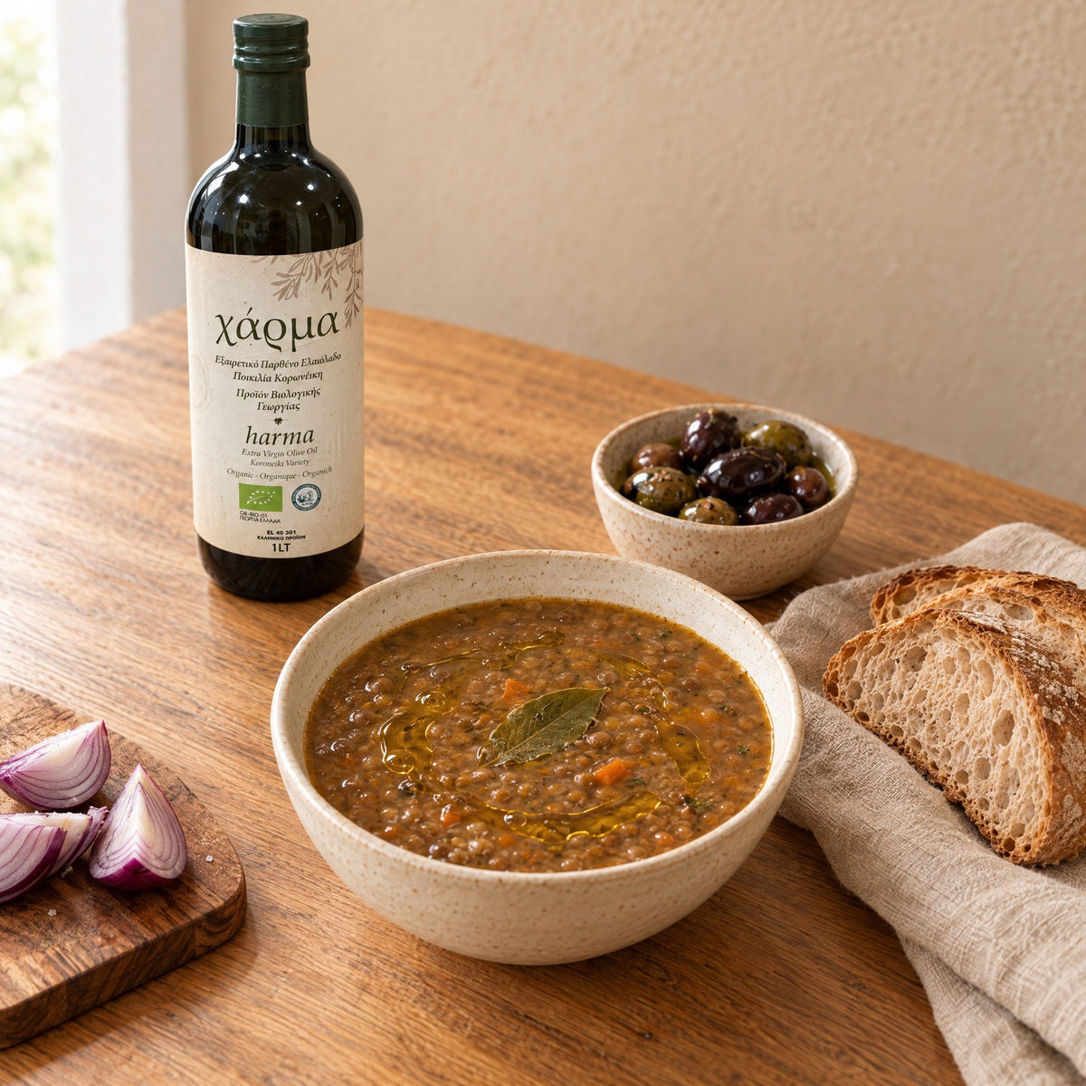Lentil soup, bread, red onion and olives with the Harma Bio bottle on a kitchen table