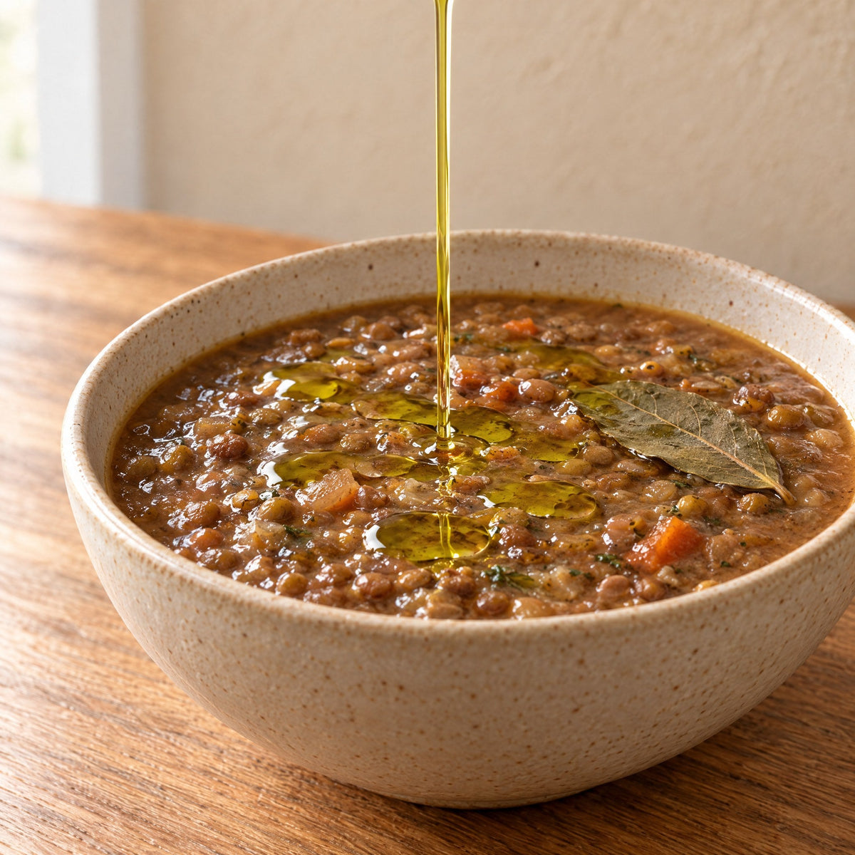 Extra virgin olive oil drizzled over a bowl of lentil soup