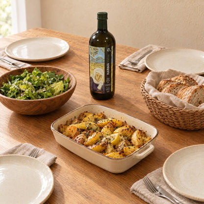 A family table set for four with roast potatoes, salad, bread and the Harma Value bottle