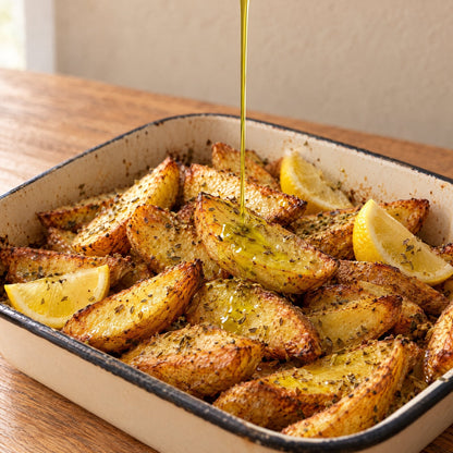 Olive oil poured over roast potatoes with oregano and lemon