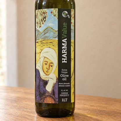 Front label of the Harma Value 1L bottle: a painting by Theofilos and Kolovi, Koroneiki and Athinolia varieties