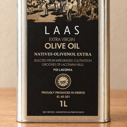 PGI Laconia seal on the front of the Laas 1L tin, olive oil from the Laconian hills