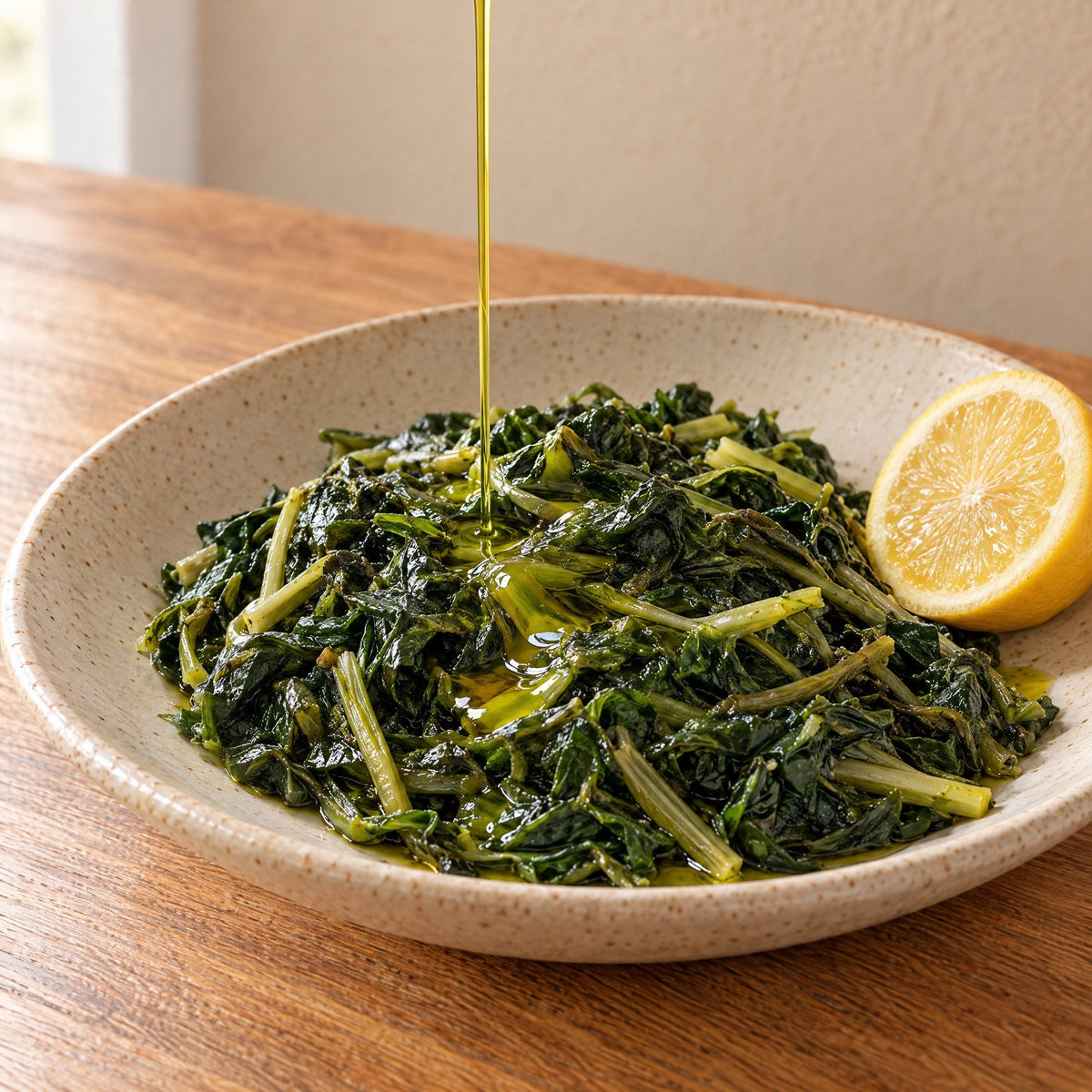 Extra virgin olive oil poured over boiled greens with lemon