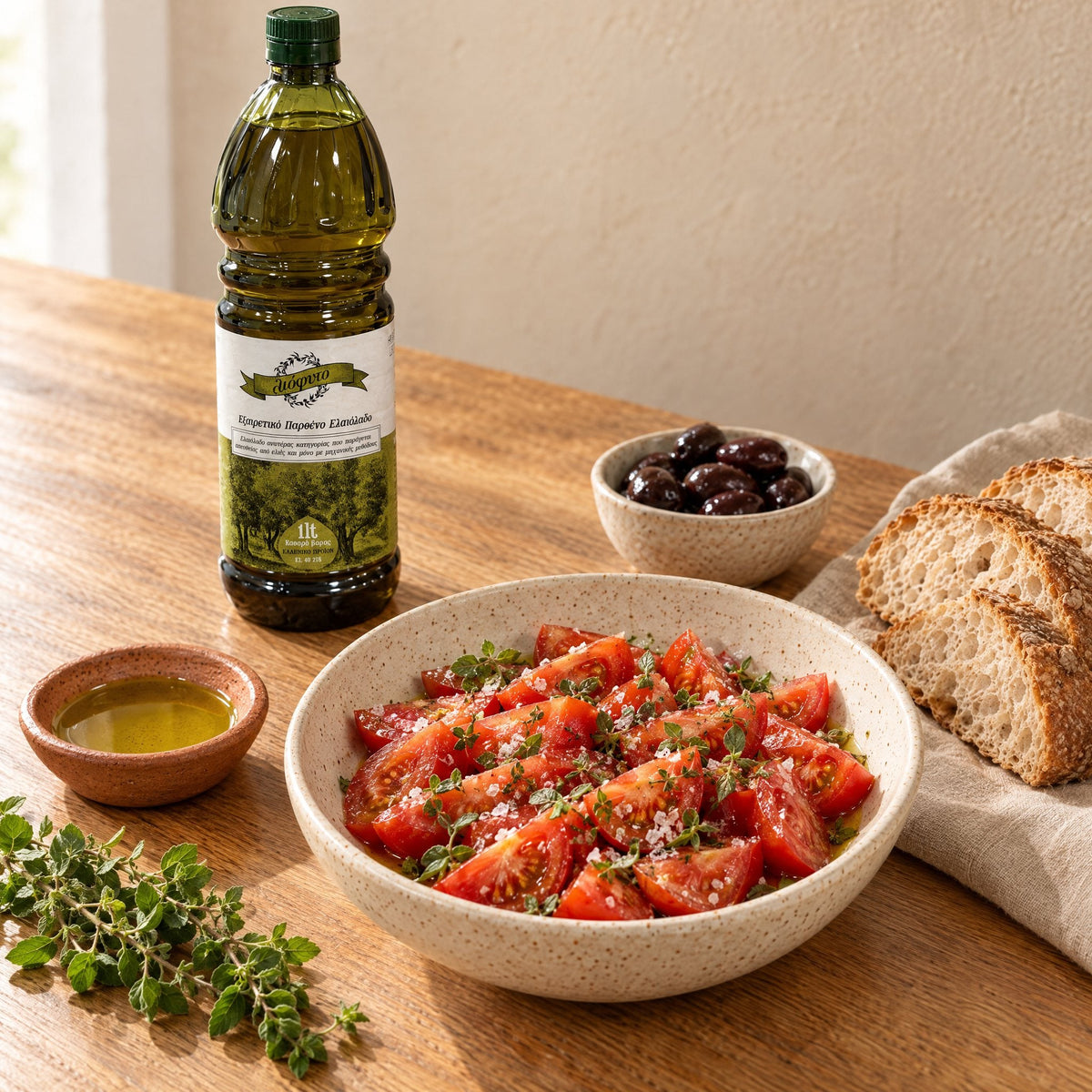 Tomatensalat mit griechischem Olivenöl, Brot, Oliven und der Liofyto 1L-Flasche auf einem Alltagstisch