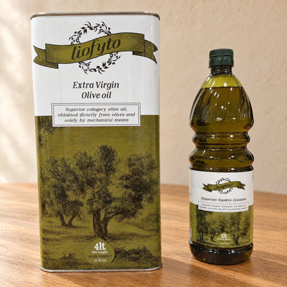 Die Liofyto 1L-Flasche neben dem 4L-Kanister: dasselbe Öl in zwei Größen