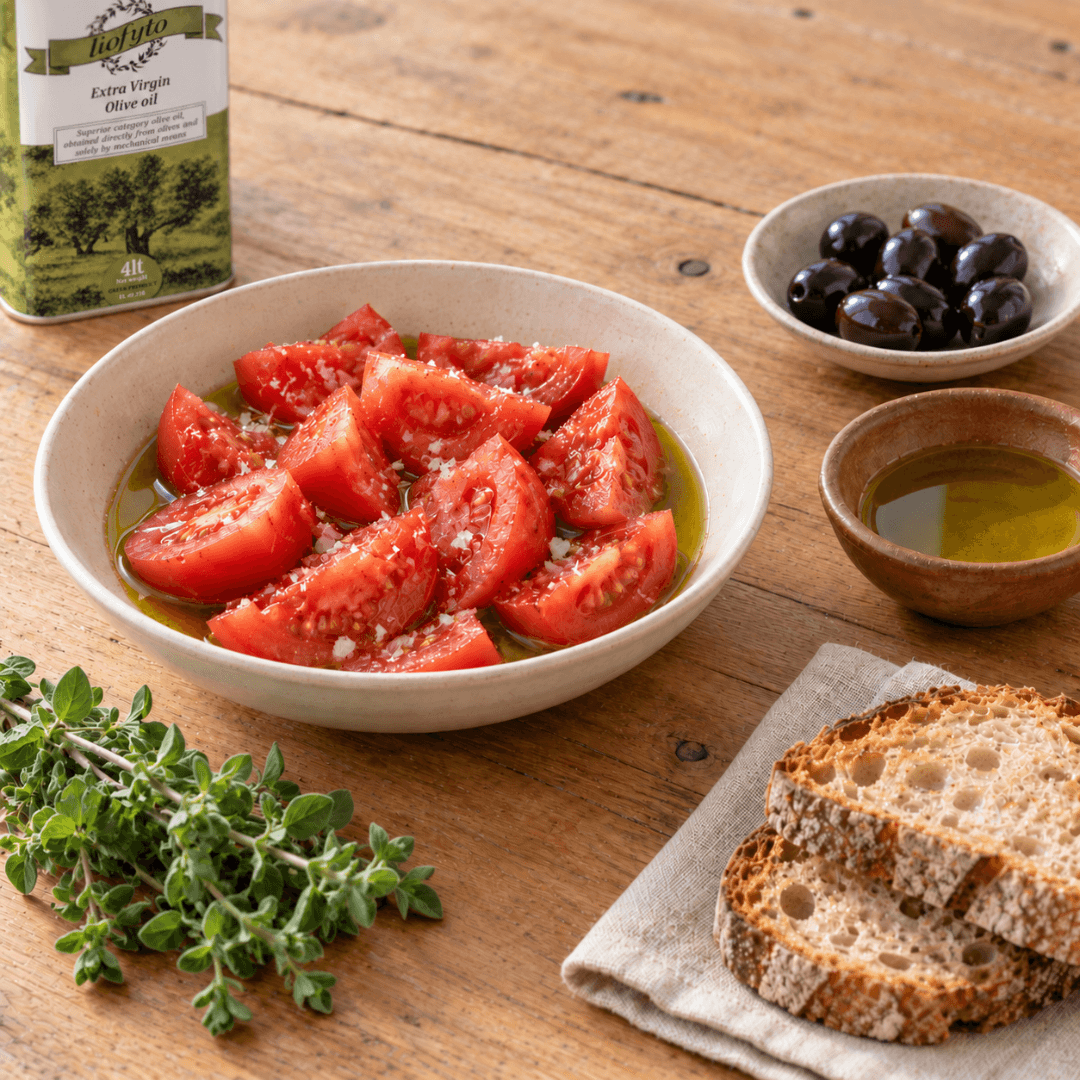 Tomato salad dressed with Greek olive oil, bread, olives and the 4L tin on an everyday table