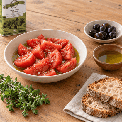 Tomato salad dressed with Greek olive oil, bread, olives and the 4L tin on an everyday table