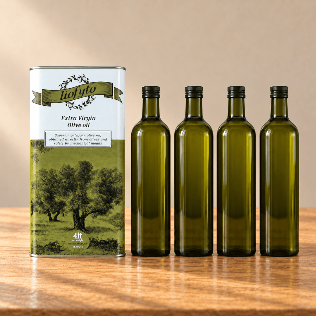 The 4L olive oil tin next to four one-litre bottles showing how much oil the tin holds