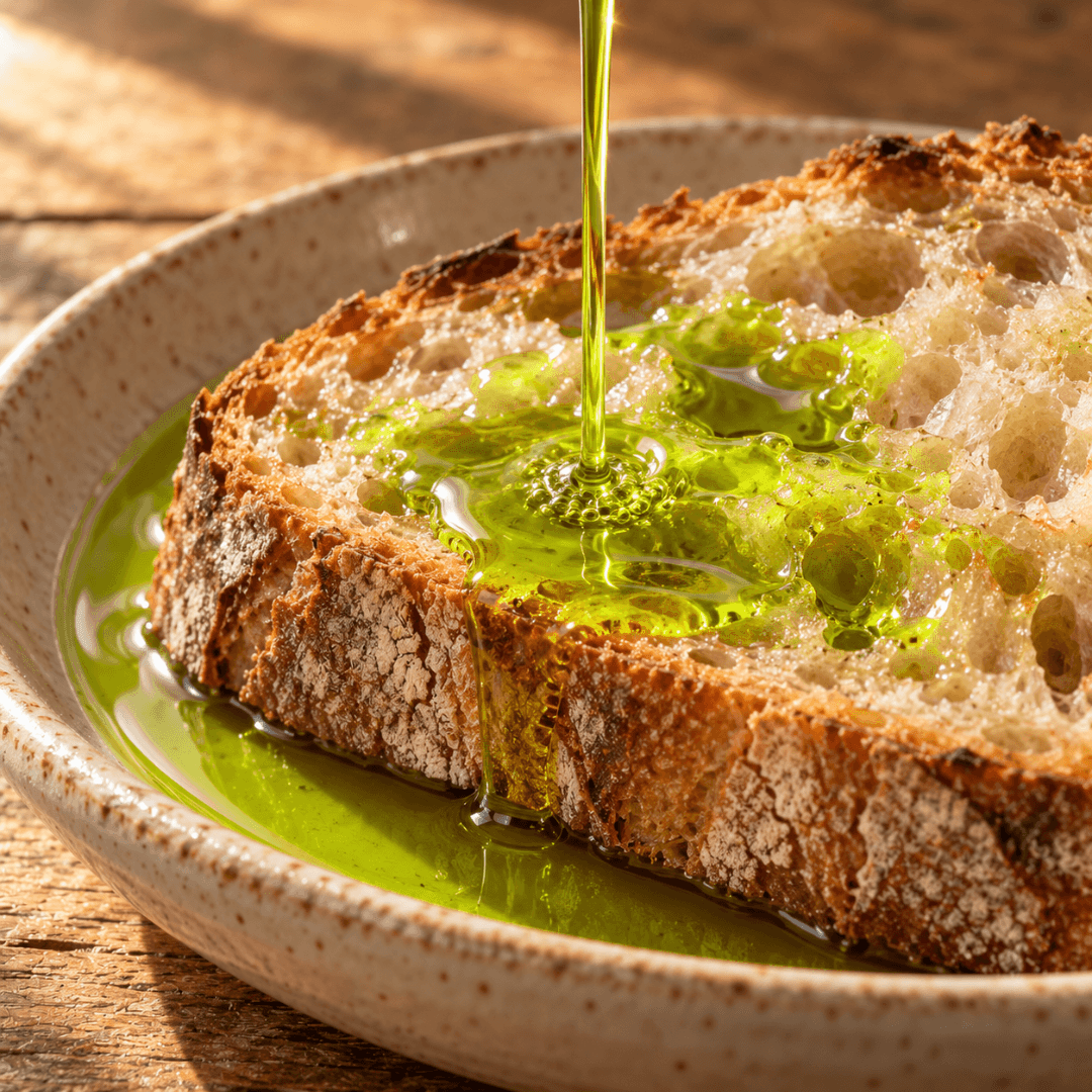 Grüngoldenes natives Olivenöl extra über eine dicke Scheibe rustikales Brot in einer Keramikschale gegossen