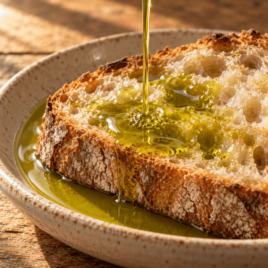 Green-gold extra virgin olive oil poured over a thick slice of rustic bread in a cream ceramic dish