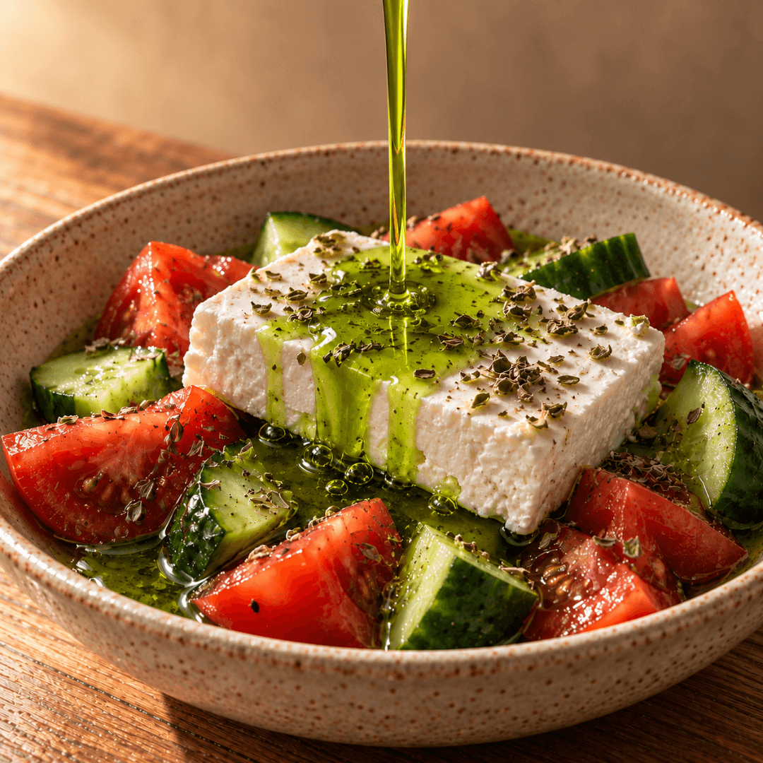 Olive oil poured over a block of feta with tomato and cucumber in a ceramic bowl
