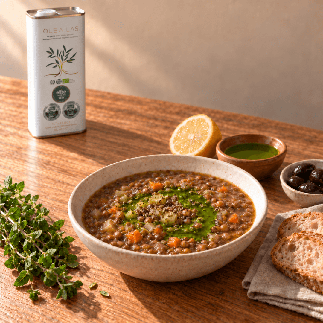 Bowl of lentil soup drizzled with olive oil, with half a lemon, black olives, bread and the 1 L tin