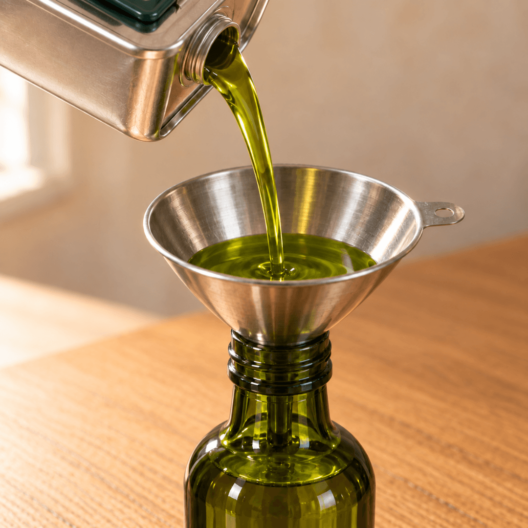 Olivenöl wird aus dem 3-Liter-Kanister durch einen Stahltrichter in eine grüne Glasflasche gefüllt