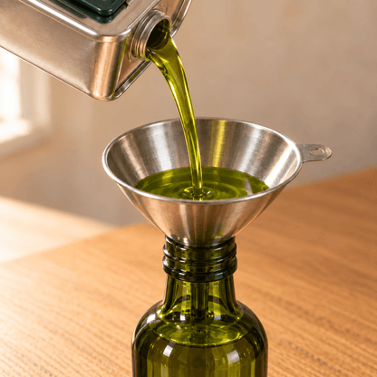 Olivenöl wird aus dem 3-Liter-Kanister durch einen Stahltrichter in eine grüne Glasflasche gefüllt