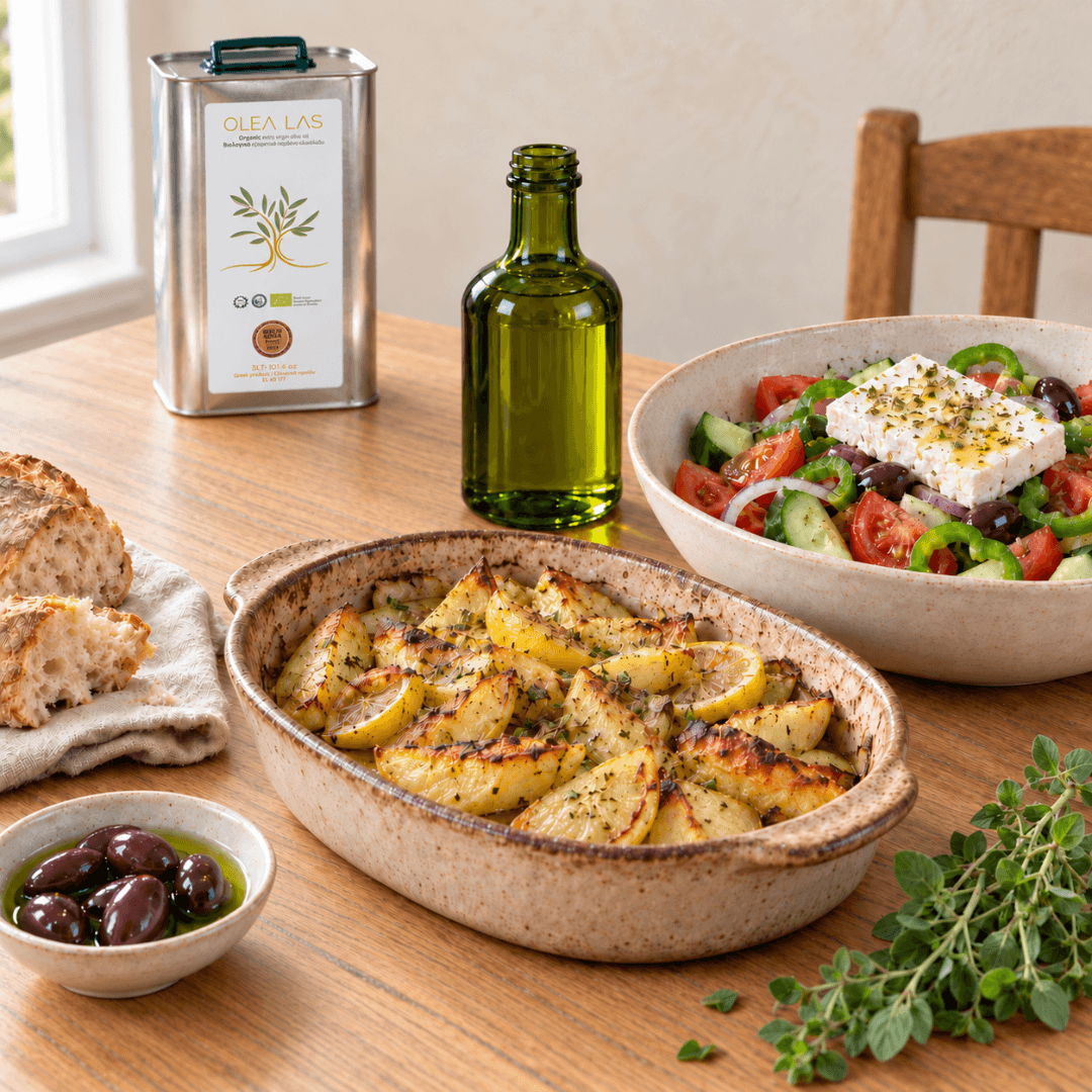 Familientisch mit dem 3-Liter-Kanister, einer Form Zitronenkartoffeln, griechischem Salat mit Feta, Brot und schwarzen Oliven