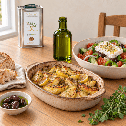 Familientisch mit dem 3-Liter-Kanister, einer Form Zitronenkartoffeln, griechischem Salat mit Feta, Brot und schwarzen Oliven