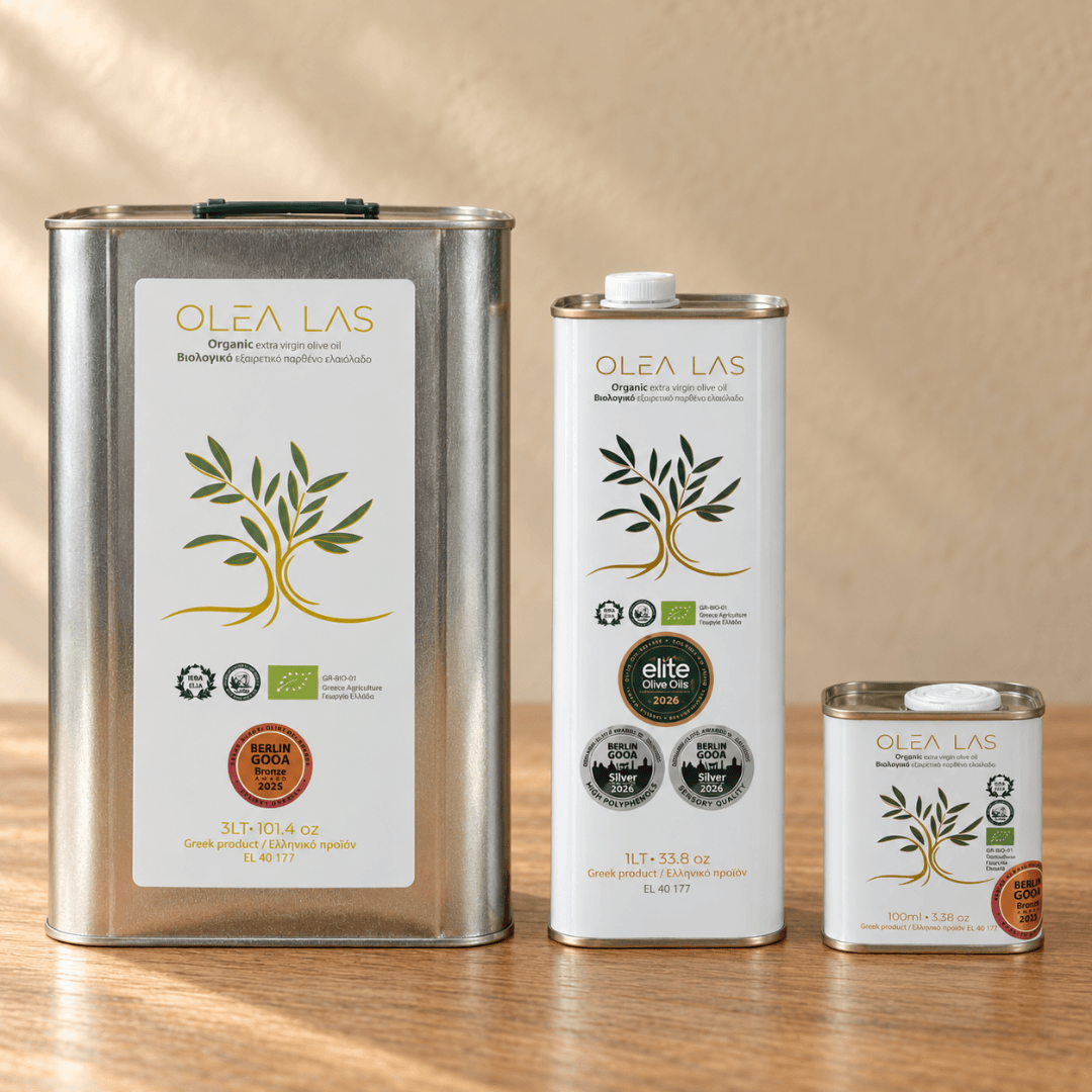 The three Olea Las olive oil tins side by side: the 3 L tin, the 1 L tin and the 100 ml tin