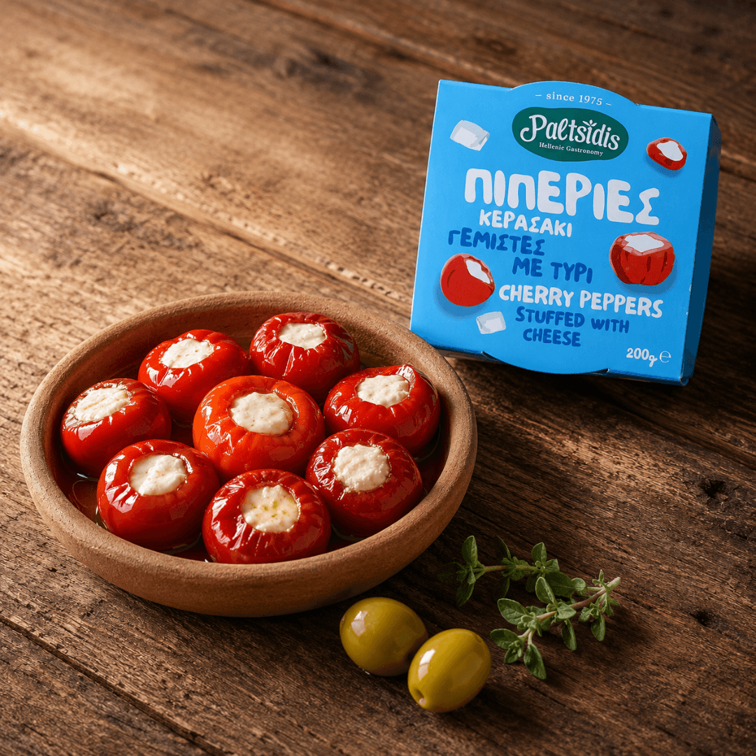 Paltsidis Stuffed Cherry Peppers with Mizithra — A Greek Antipasti Classic (200g) - Greek Flavours