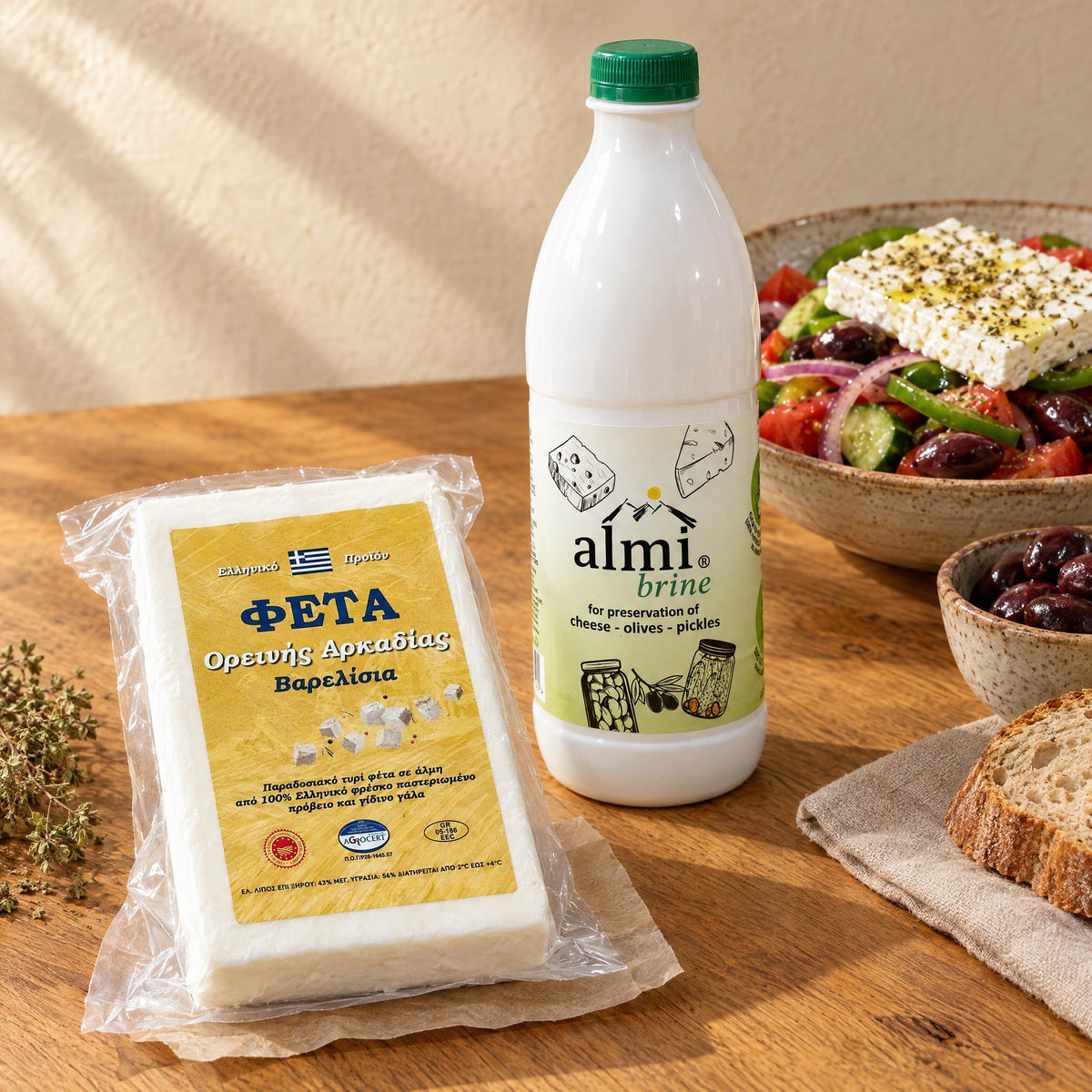 Packung Feta g.U. Arcadia Reserve und 1-L-Flasche griechische Salzlake Almi auf einem Holzbrett