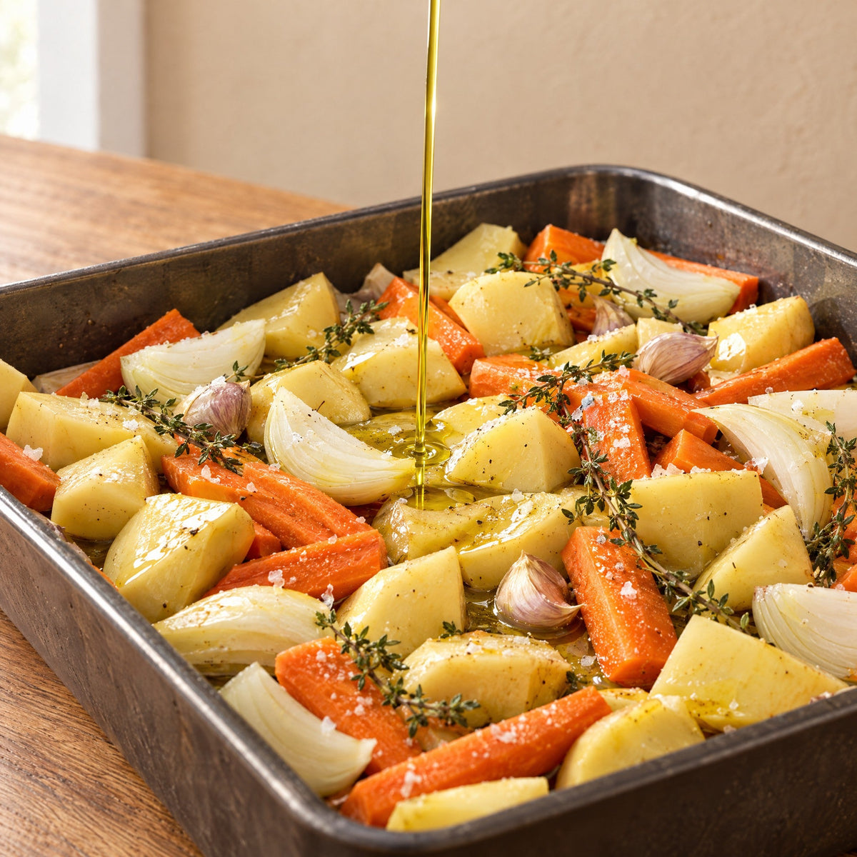 Olive oil poured over a large tray of vegetables for roasting