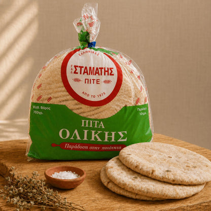 Stamatis Wholemeal Pita Bread — Hand - Stretched from Athens (18 cm, 10 Rounds) - Greek Flavours