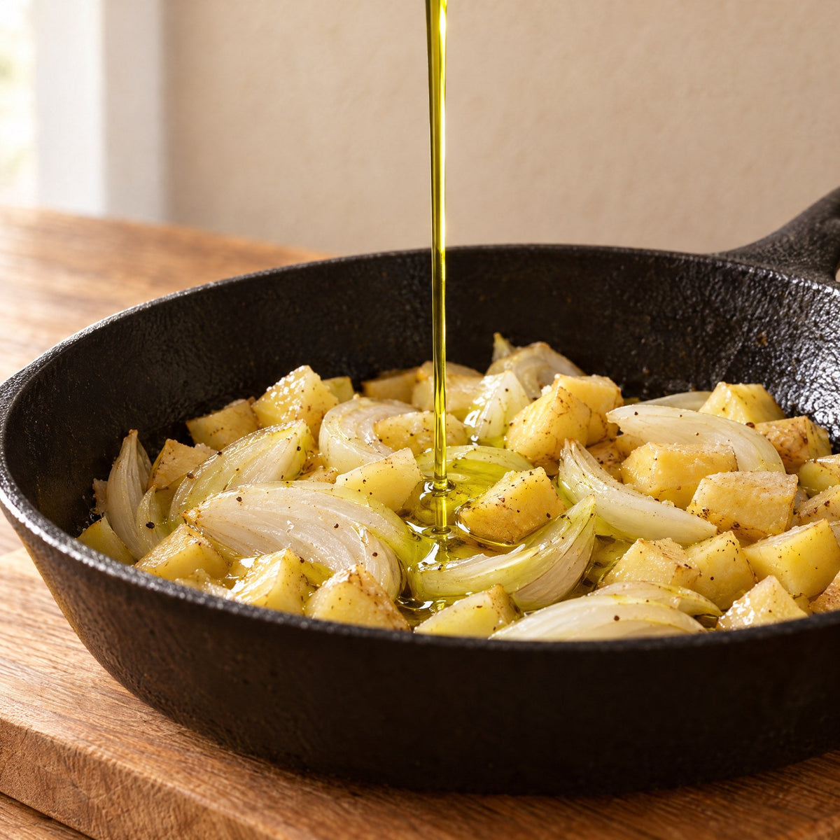 Olive oil poured into a frying pan with sliced onion and diced potatoes