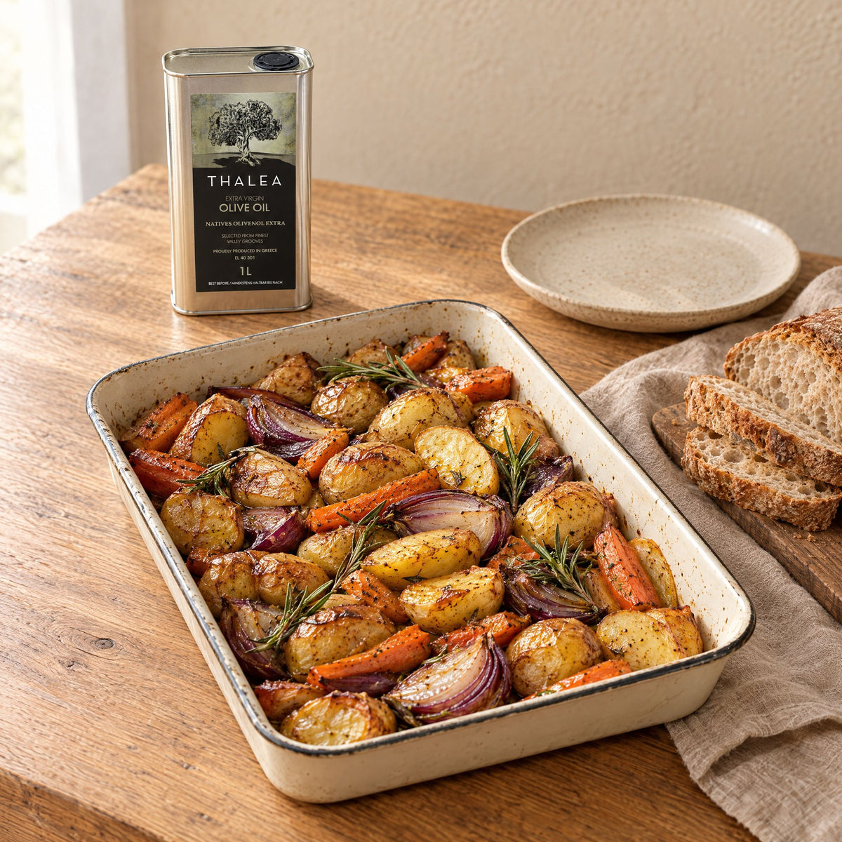 Roasted potatoes, red onion and carrots with the Thalea 1L tin on an everyday table