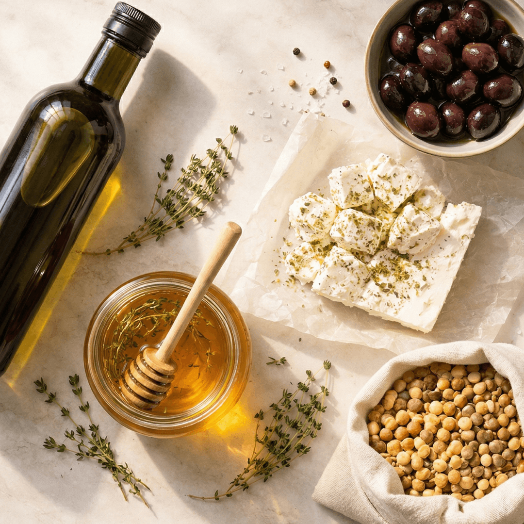 Mediterranean pantry jars and olive oil