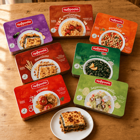 Seven Amvrosia Greek ready meal packs on a wooden table beside a plated portion of moussaka