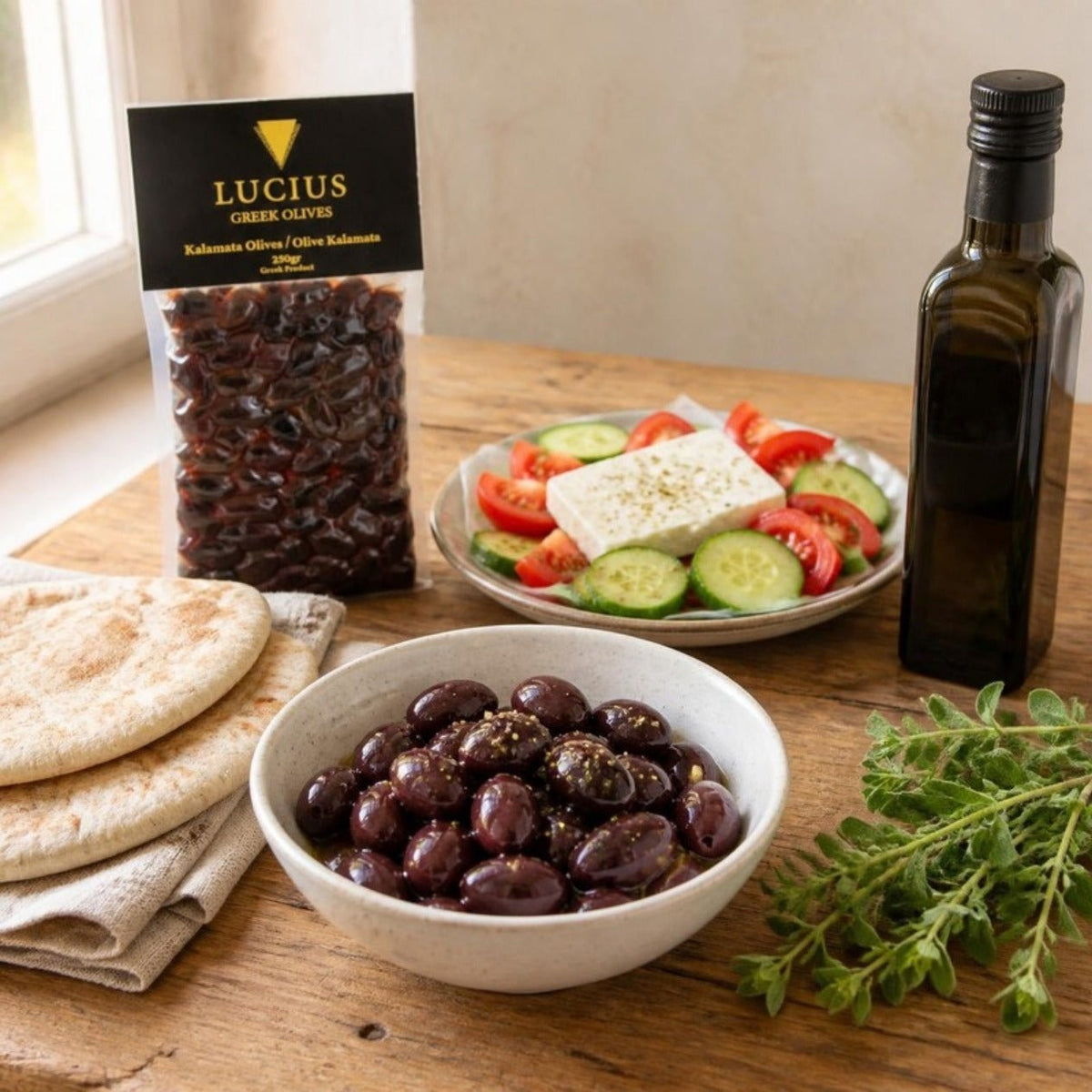 Cuenco de aceitunas de Kalamata en una mesa griega con ensalada, feta, pita, aceite de oliva y orégano fresco