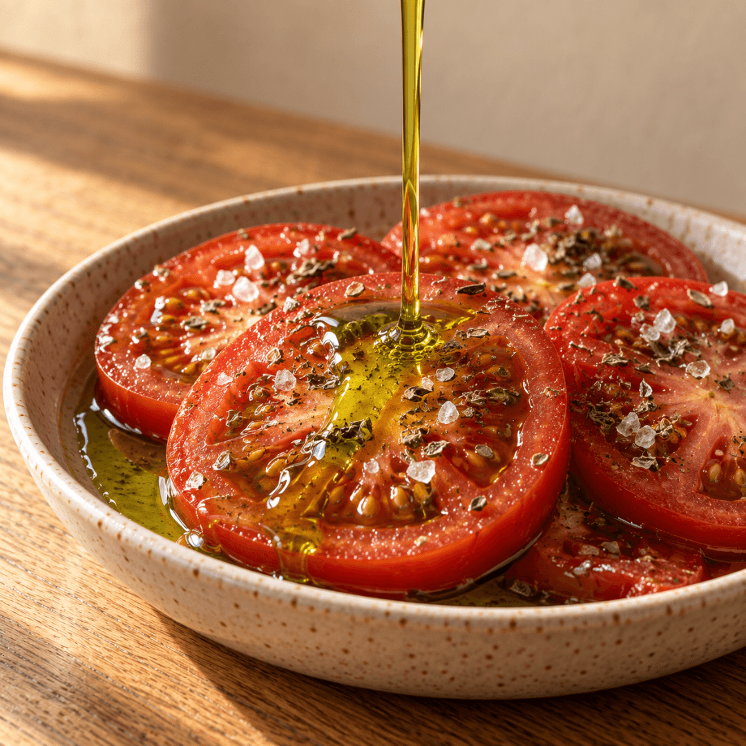Green-gold olive oil poured over sliced tomatoes with oregano and coarse salt in a speckled ceramic bowl