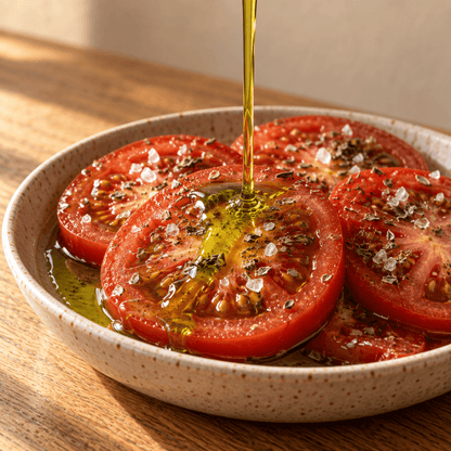 Green-gold olive oil poured over sliced tomatoes with oregano and coarse salt in a speckled ceramic bowl