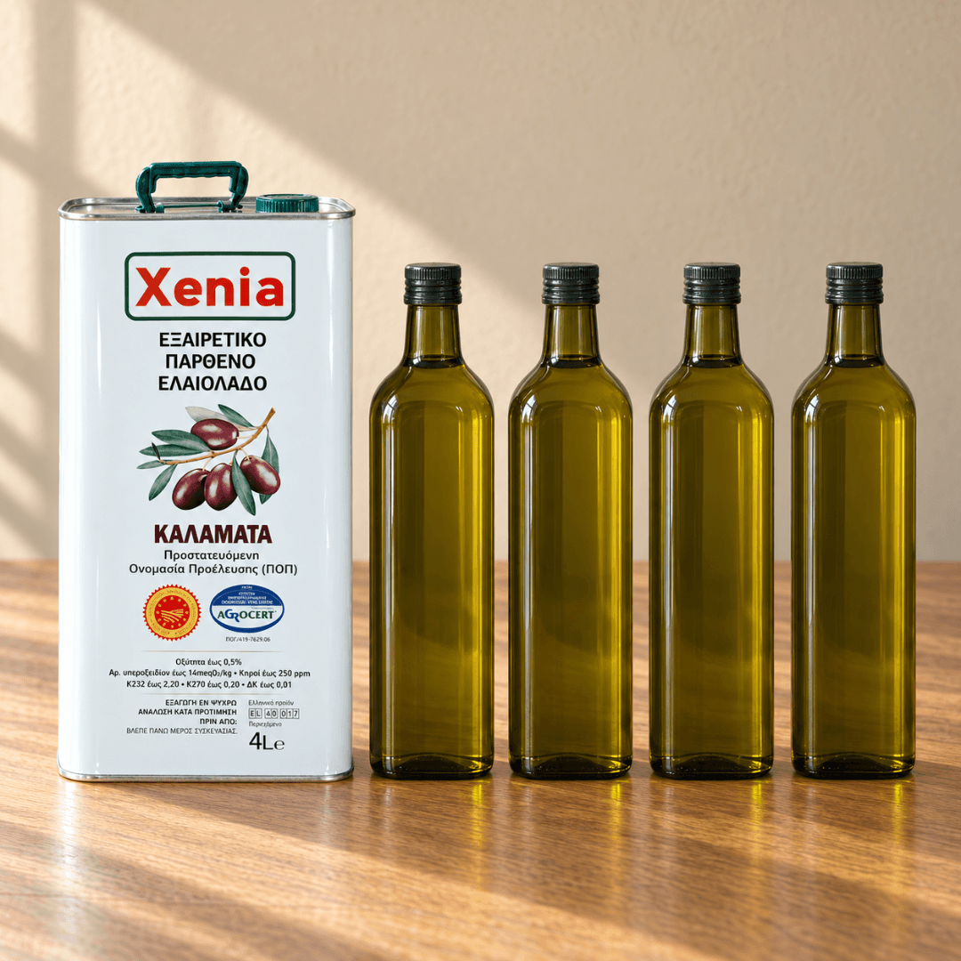 Xenia extra virgin olive oil 4L tin beside four one-litre glass bottles, showing how much the tin holds