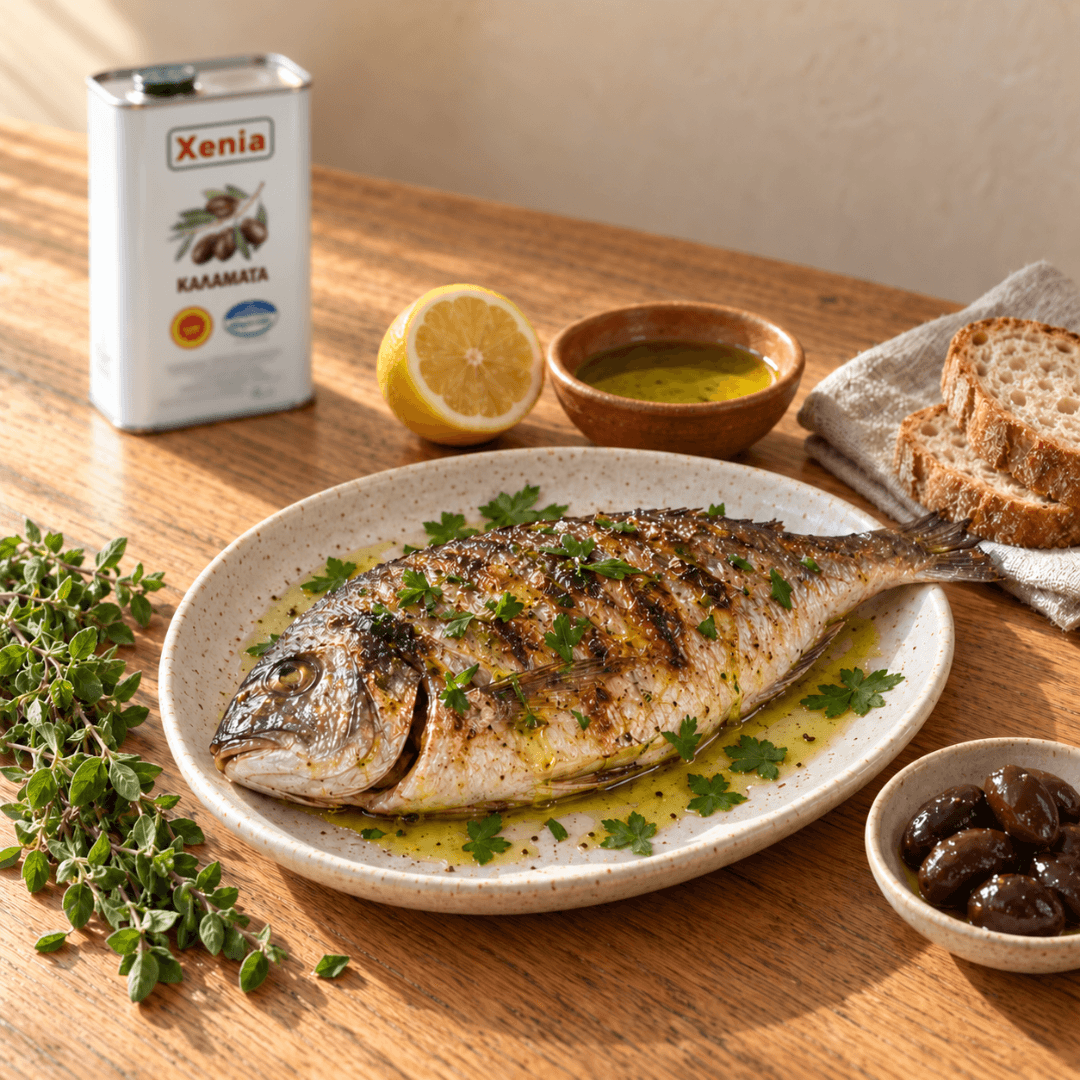 Whole grilled sea bream with olive oil, lemon and parsley on a cream plate, with bread, olives and the Xenia 4L tin on the table