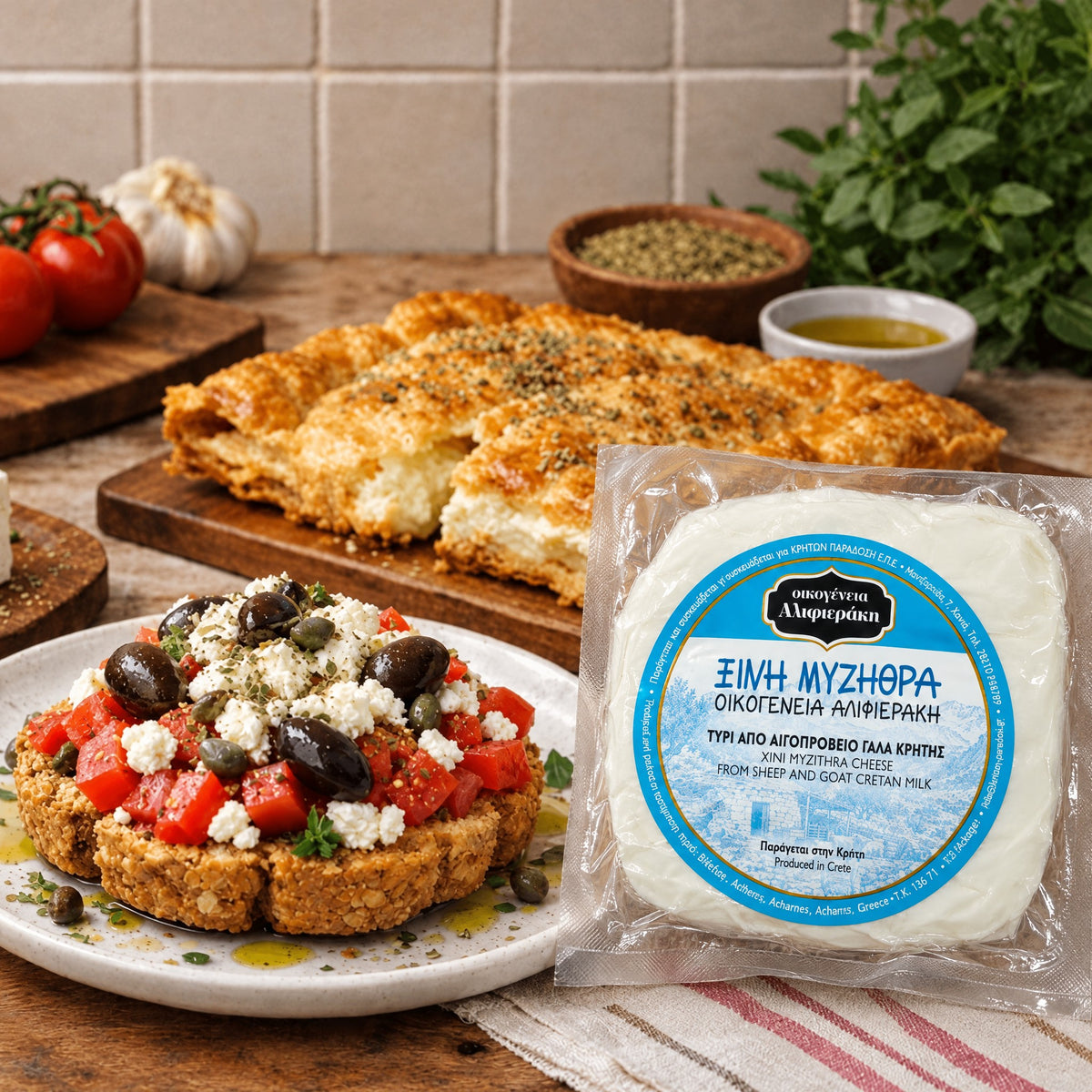 Xini Myzithra Alifierakis 350g in its vacuum pack, next to a Cretan dakos and a cheese pie